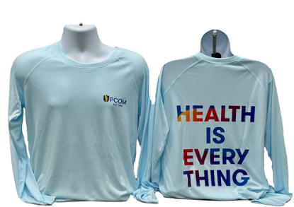 Women's and Mens Vapor Solar Long Sleeve Arctic Blue T Shirt with PCOM Est. 1899 on front and Health is Everything on the back in PCOM colors .